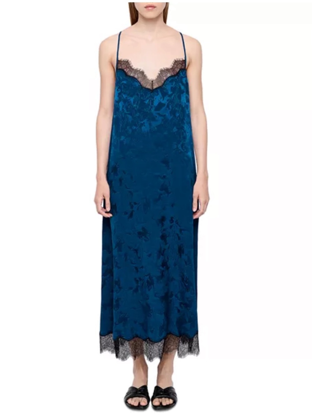 Zadig & Voltaire Respa Jack Horses Blue Lace-Trim silk Slip Dress Marine Blue S